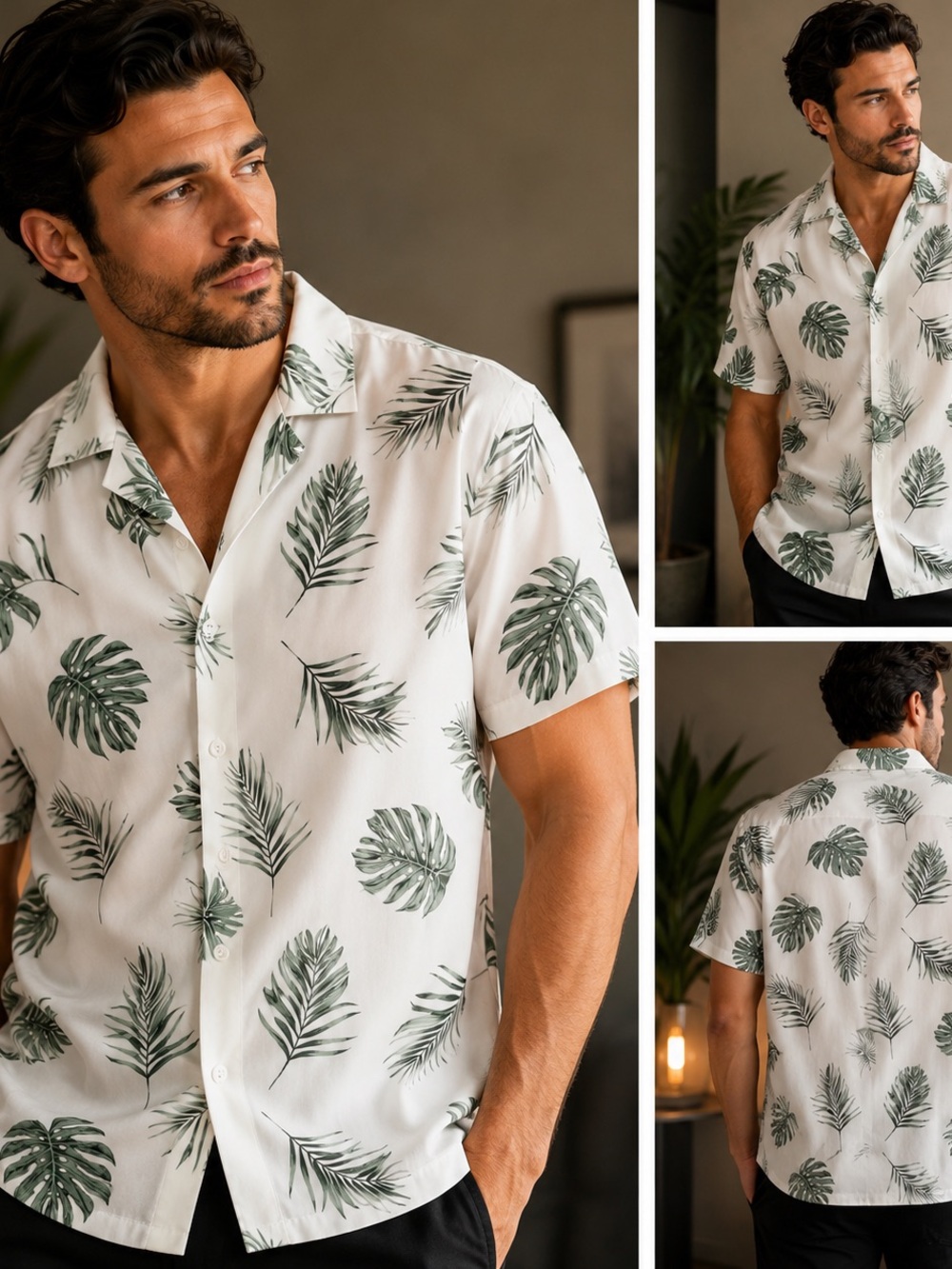Men's White Short-Sleeve Palm Print Camp Shirt